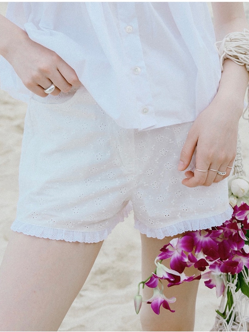 Sezane White Eyelet High-Waist Lace-Trim Shorts